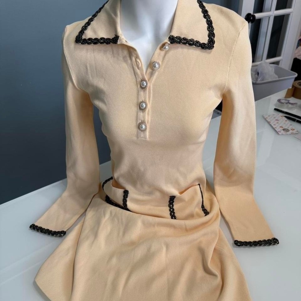 Alexa Admor Cream Knit Mini Dress | Pearl Button | Parisian Chic | Small